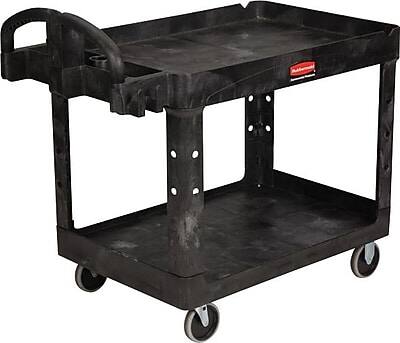 Front. RubberMaid - Rubbermaid Heavy Duty 2-Shelf Plastic/Poly Mobile Utility Cart with Lockable Wheels - Black.