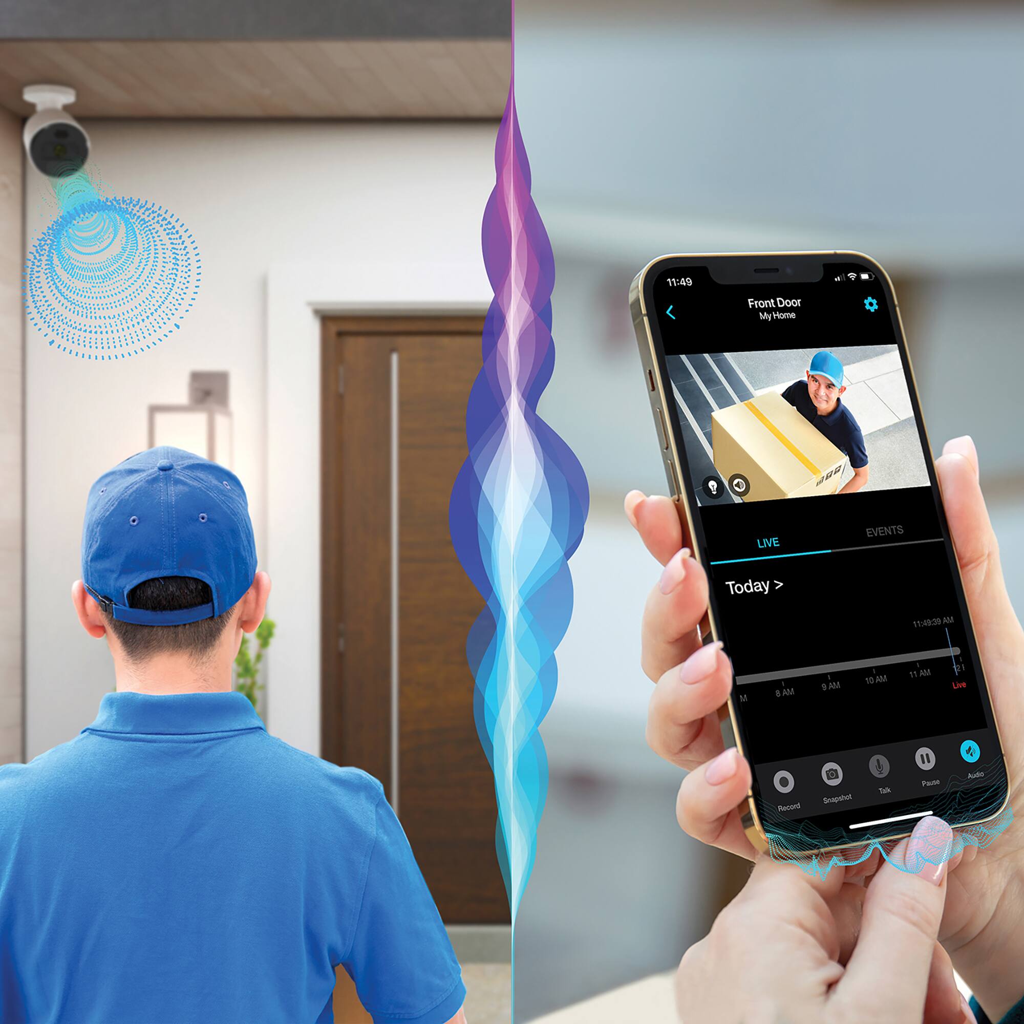 The text on the image reads: "11:49 Front Door My Home 8 LNE EVENTS Today 51/49:30 A M I AM. 1 S.MM a 1 11.AM - Live Aoe Snapehut Sl  Pase b."