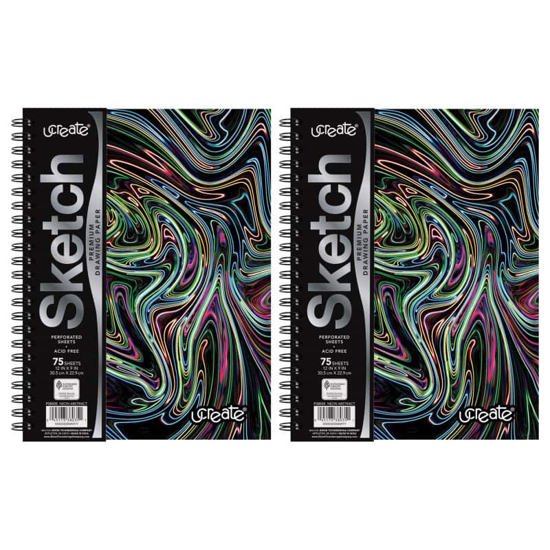 uCreate - Fashion Poly Sketch Book, 9" x 12", 75 Sheets, Neon Abstract Design, Pack of 2