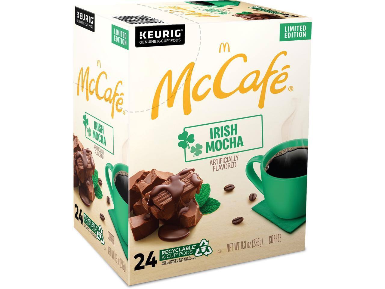 KEURIG McCafe IRISH MOCHA LIMITED EDITION GENUINE K-CUP PODS ARTIFICIALLY FLAVORED 24 RECYCLABLE K-CUP PODS PEEL - EMPTY - RECYCLED - NOT RECYCLED AS CURBSIDE COFFEE NET WT 8.3 OZ (235g)