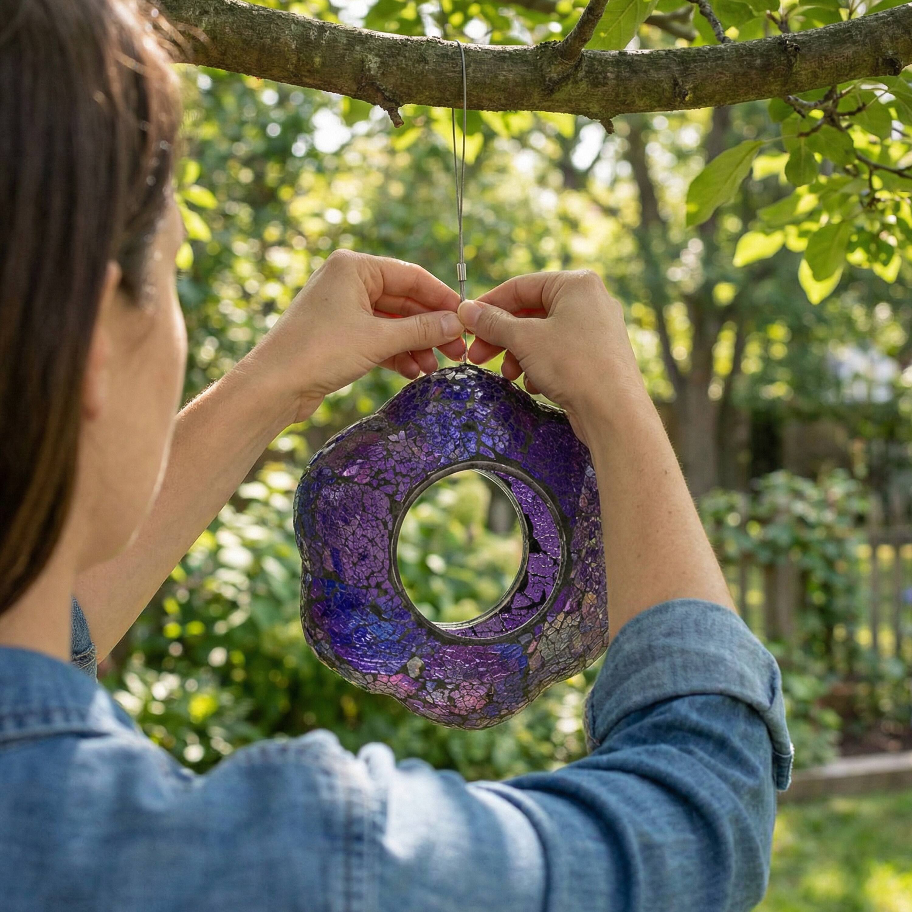 Alt View 7. Sunnydaze - Glass Fly-Through Hanging Bird Feeder - 10 in - Iridescent Purple Flower.