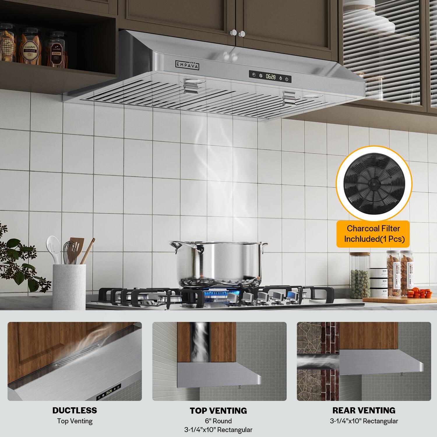 The image shows a kitchen with a stove top oven and a vent hood. The vent hood is described as having a charcoal filter included. The image also shows a stove top oven with a pot on it. The text on the image is grouped as follows:

* Cad aa -  CMPAVA a  0629
* 6 Charcoal Filter Inchluded(1 Pcs)
* 1N1 DUCTLESS Top Venting
* TOP VENTING 6" Round
* 3-1/4"x10" Rectangular
* REAR VENTING 3-1/4"x10" Rectangular