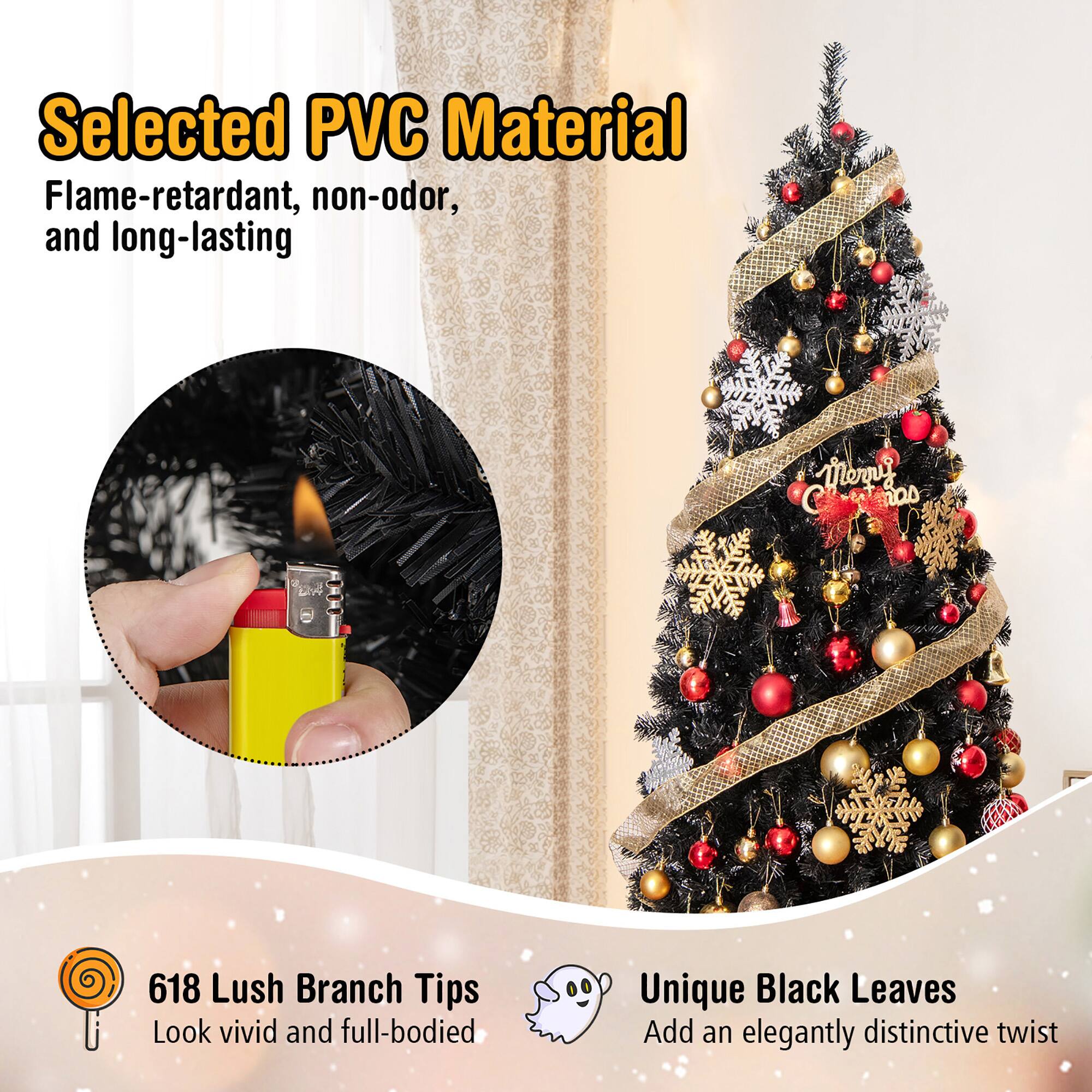 Selected PVC Material  
Flame-retardant, non-odor, and long-lasting  

618 Lush Branch Tips  
Look vivid and full-bodied  

Unique Black Leaves  
Add an elegantly distinctive twist