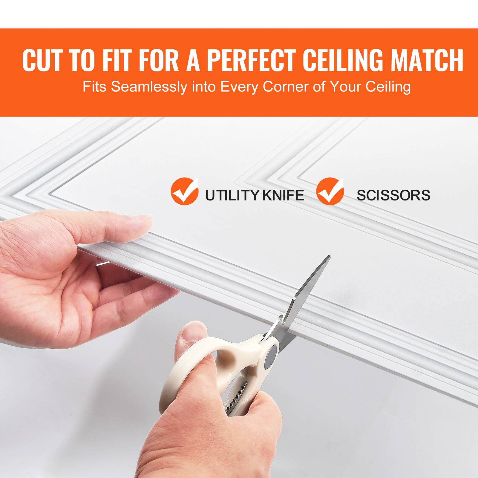 CUT TO FIT FOR A PERFECT CEILING MATCH  
Fits Seamlessly into Every Corner of Your Ceiling  

UTILITY KNIFE  
SCISSORS