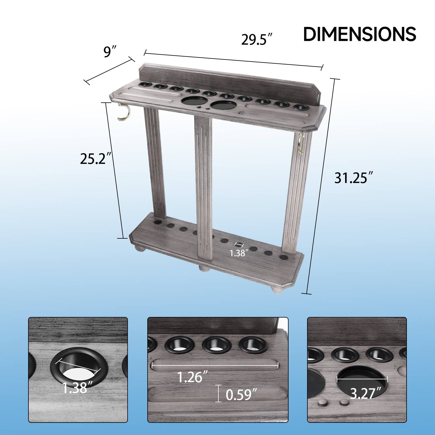 DIMENSIONS, 9", 29.5", 25.2", 31.25", 1.38", 1.26", 0.59", 3.27"