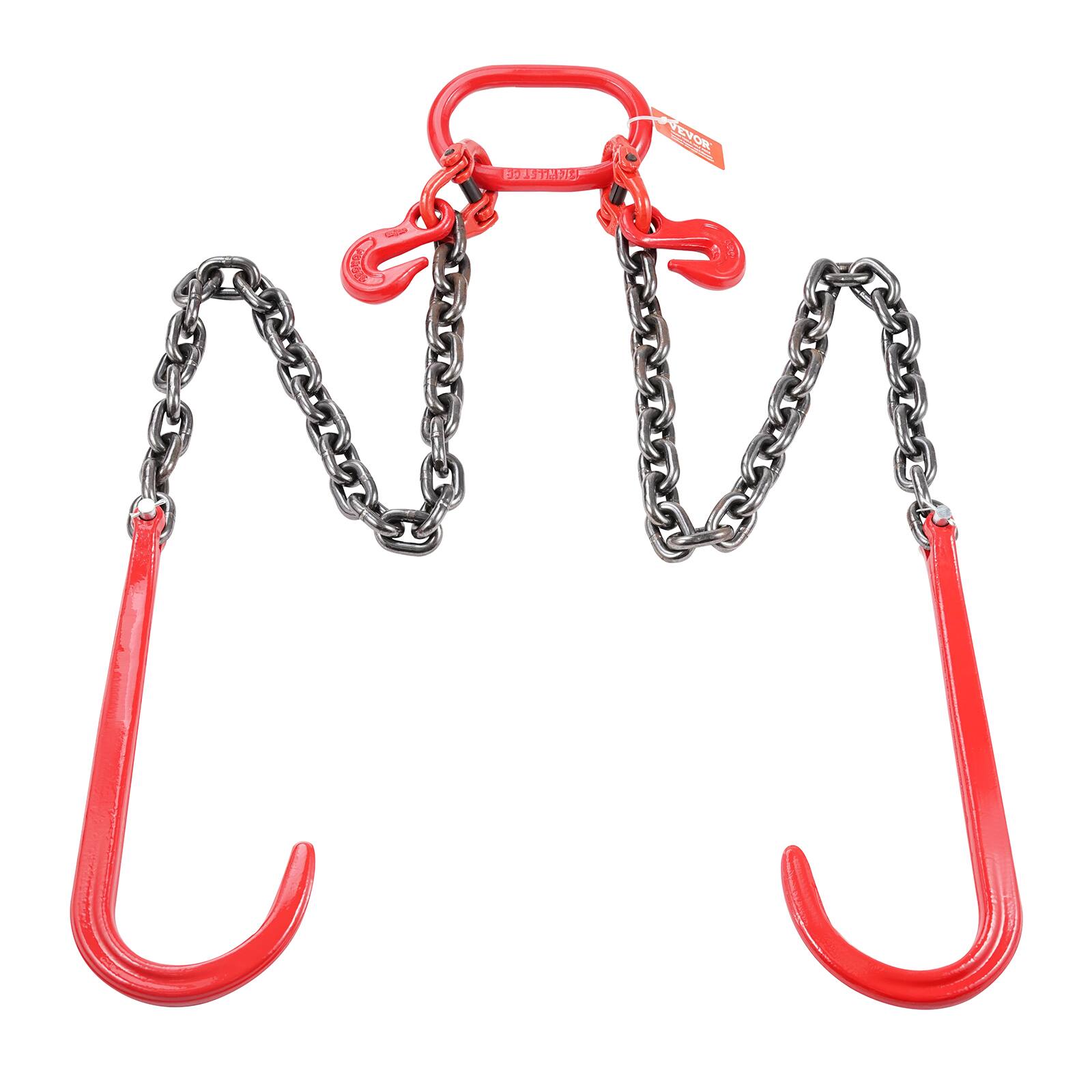 Alt View 5. VEVOR - G80 V Bridle Chain, 3/8" x 3' Towing Chain Bridle with 15" J Hooks and Grab Hooks, Heavy Duty Transport Tow Chain Bridle - Silver + Red.
