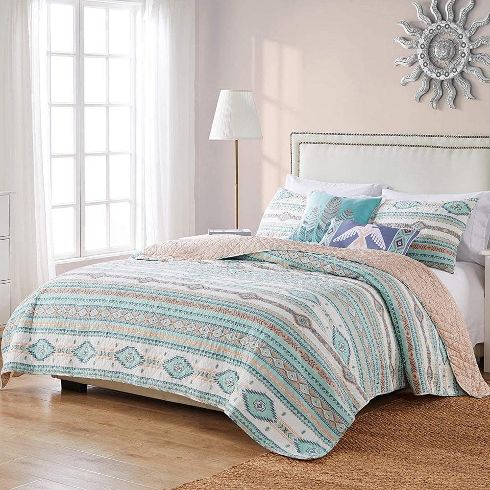 Greenland Home Fashions Barefoot Bungalow Phoenix Quilt and Pillow Sham Set - Full/Queen 90x90" - Turquoise