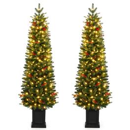 Costway - 2 PCS 4 FT Artificial Xmas Tree with 529 Full Branch Tips, 15 Pine Cones, 150 LED Lights - Green