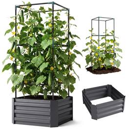 Outsunny - Planter Box, 24" x 24" x 55" Raised Garden Bed with Tomato Cage for Climbing Vines - Dark Gray