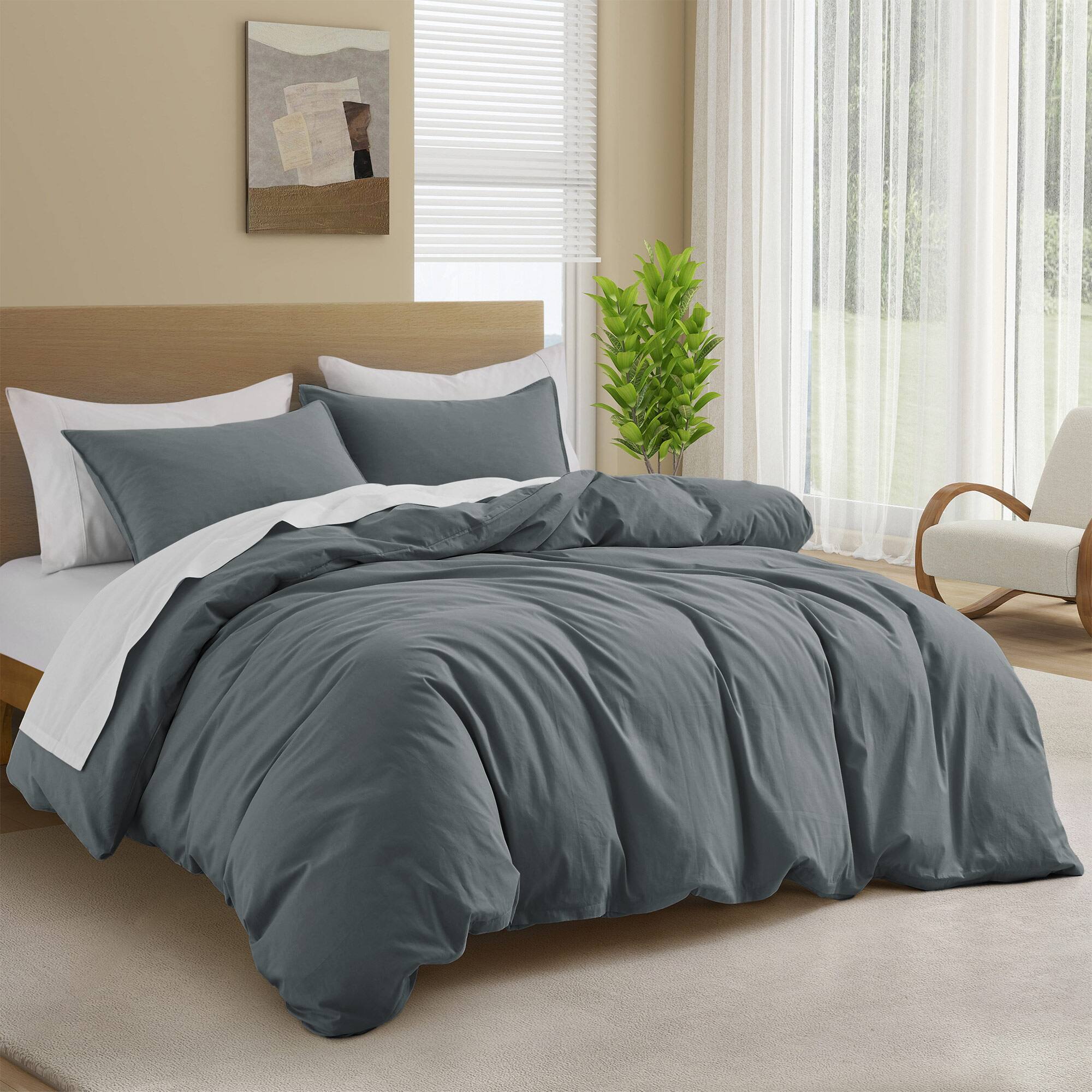 Angle. Peace Nest - Peace Nest All Season 100% Cotton Soft and Breathable Duvet Cover Set, Gray, King - Gray.