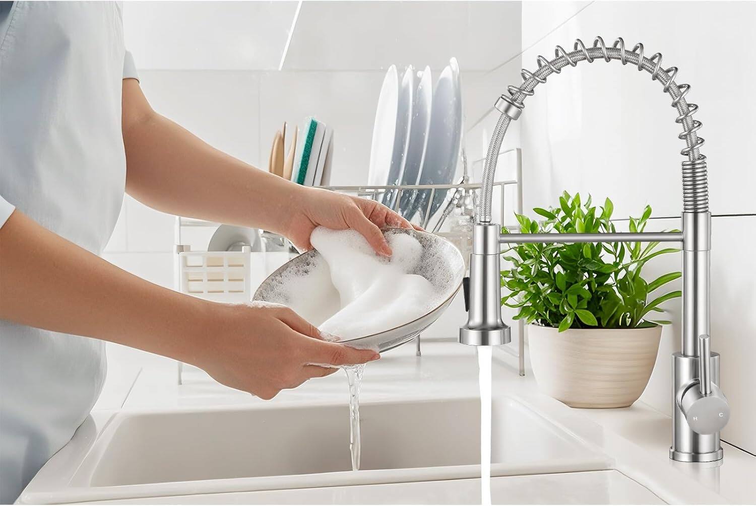 Alt View 4. MOOSOO - Brushed Nickel Kitchen Faucet with Pull Down Sprayer, Stainless Steel Kitchen Sink Faucet with Deck Plate - Brushed Nickel.