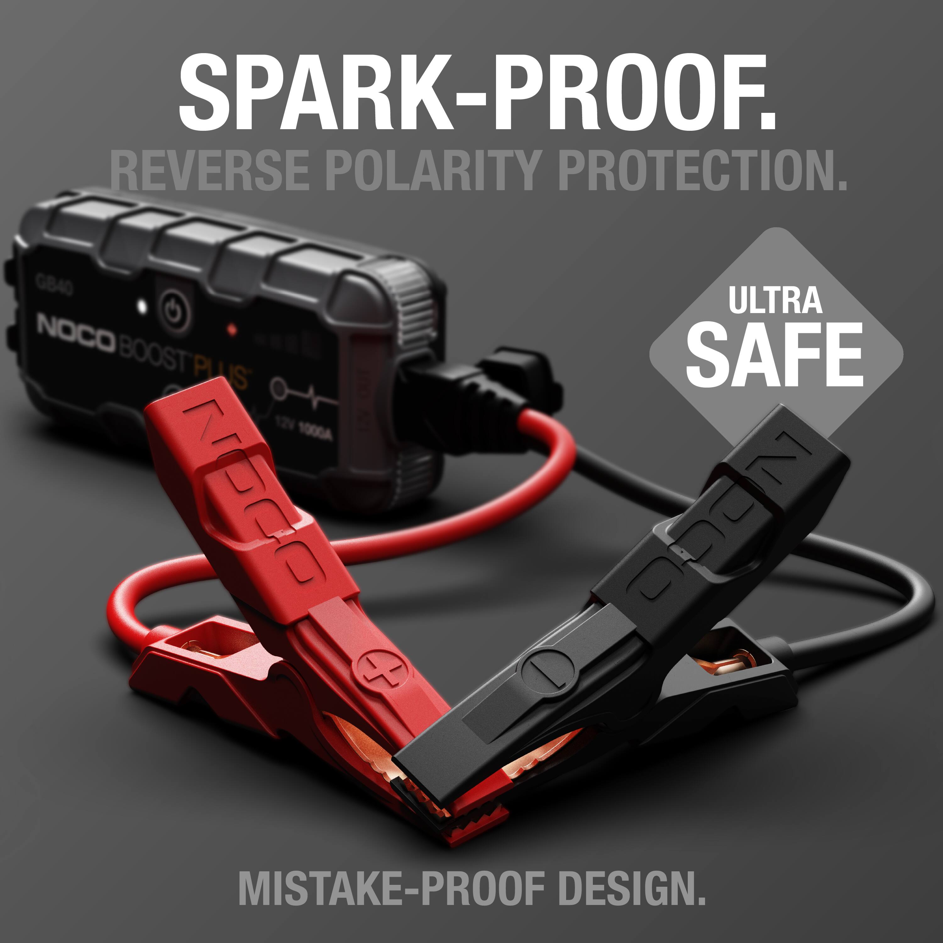 SPARK-PROOF.  
REVERSE POLARITY PROTECTION.  

G840 NOCO BOOST PLUS  
12V 1000A  

ULTRA SAFE  

MISTAKE-PROOF DESIGN.