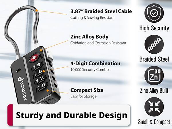 3.87" Braided Steel Cable Cutting & Sawing Resistant Zinc Alloy Body Oxidation and Corrosion Resistant

High Security
Braided Steel
4-Digit Combination
10,000 Security Combos
Compact Size
Easy for Storage
TSA Approved
Sturdy and Durable Design
Small & Compact