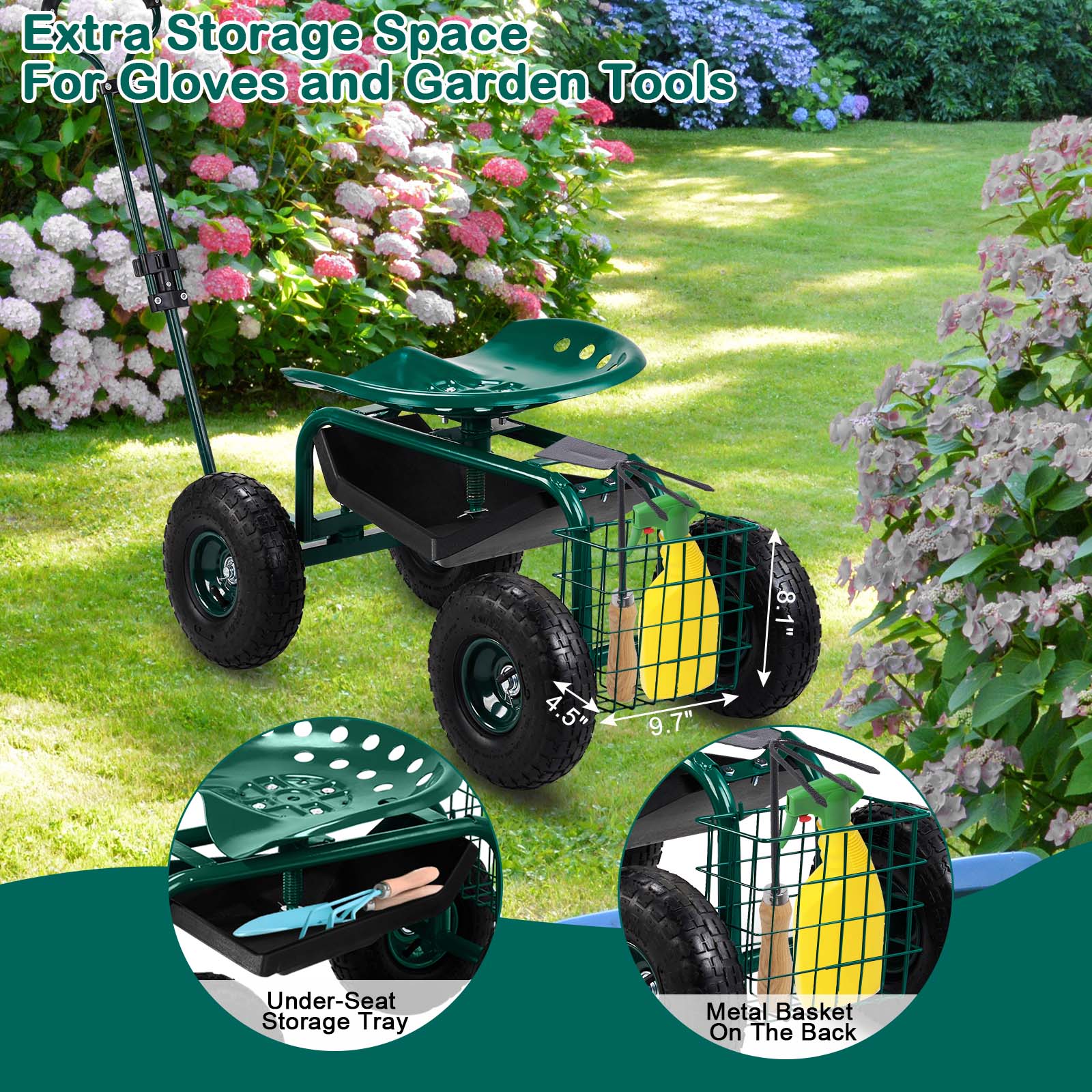 Extra Storage Space For Gloves and Garden Tools

- Under-Seat Storage Tray
- Metal Basket On The Back

Dimensions:
- 8.1" x 5" x 9.7"