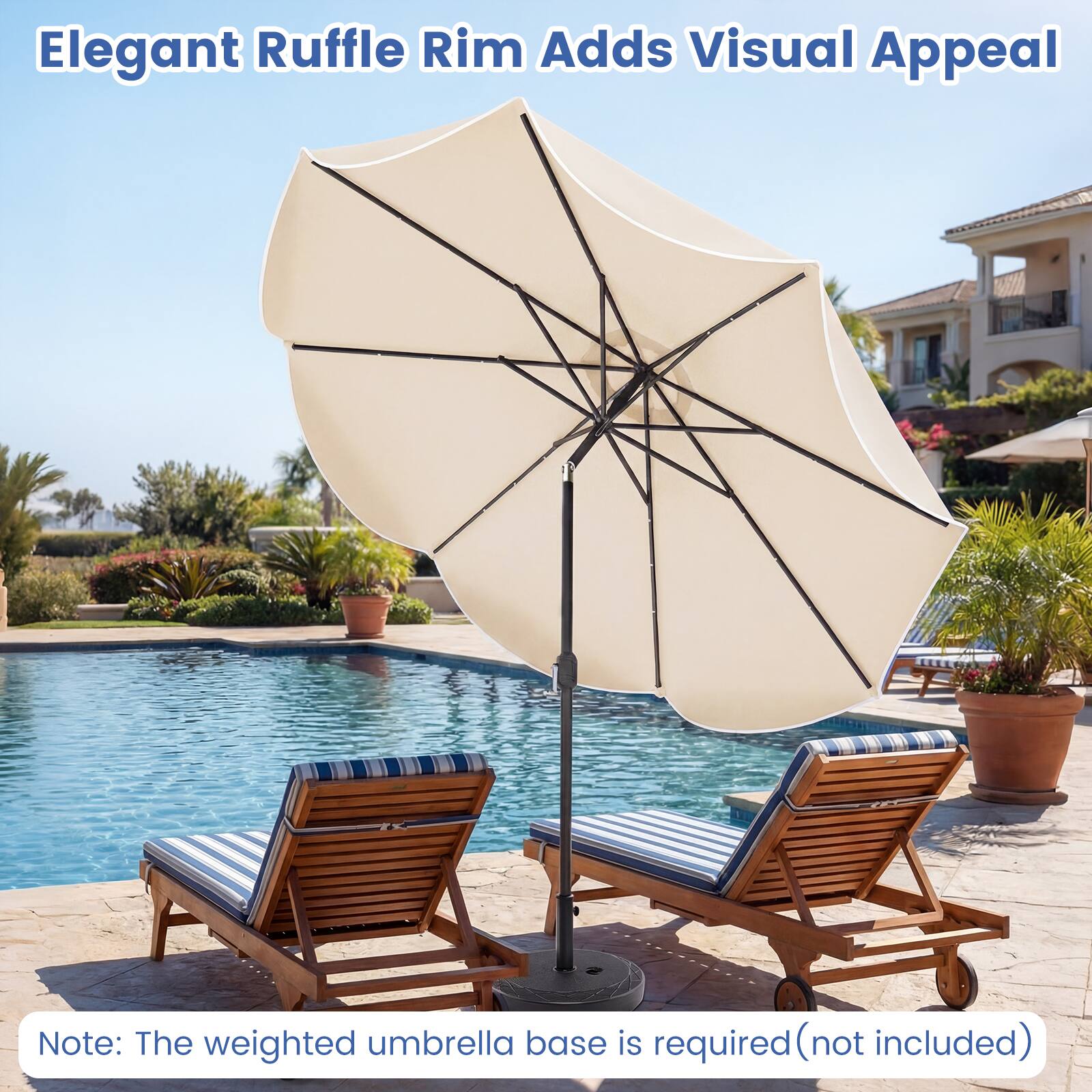 Elegant Ruffle Rim Adds Visual Appeal

Note: The weighted umbrella base is required (not included)
