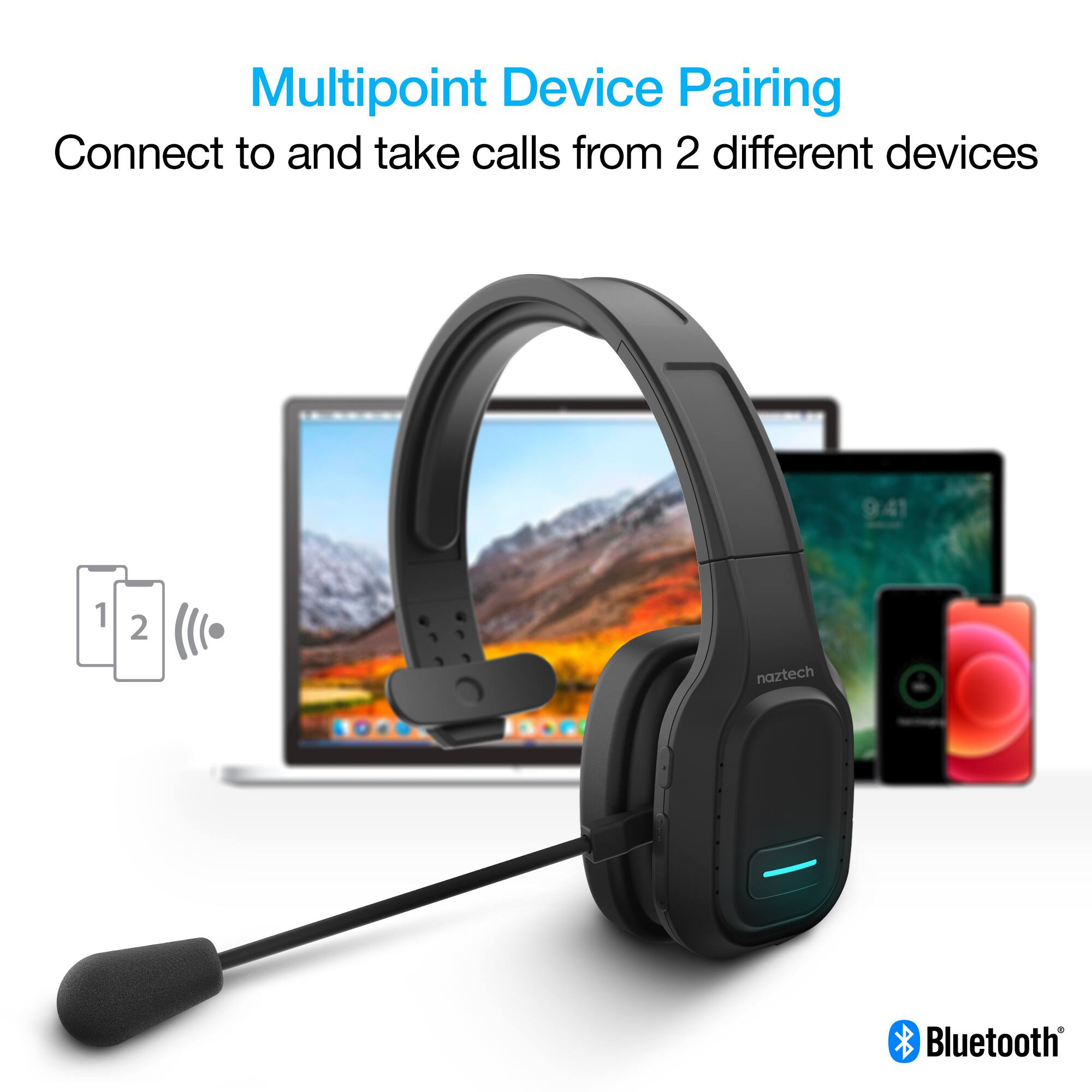 Multipoint Device Pairing  
Connect to and take calls from 2 different devices  

1 2  

naztech  

Bluetooth