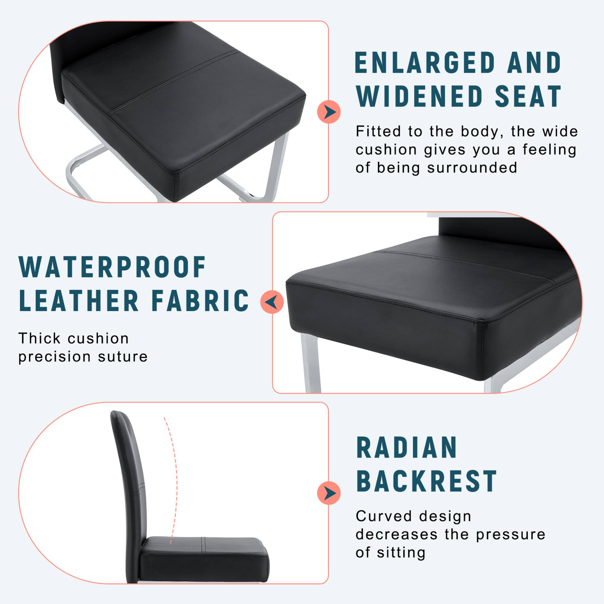 ENLARGED AND WIDENED SEAT  
Fitted to the body, the wide cushion gives you a feeling of being surrounded  

WATERPROOF LEATHER FABRIC  
Thick cushion precision suture  

RADIANT BACKREST  
Curved design decreases the pressure of sitting