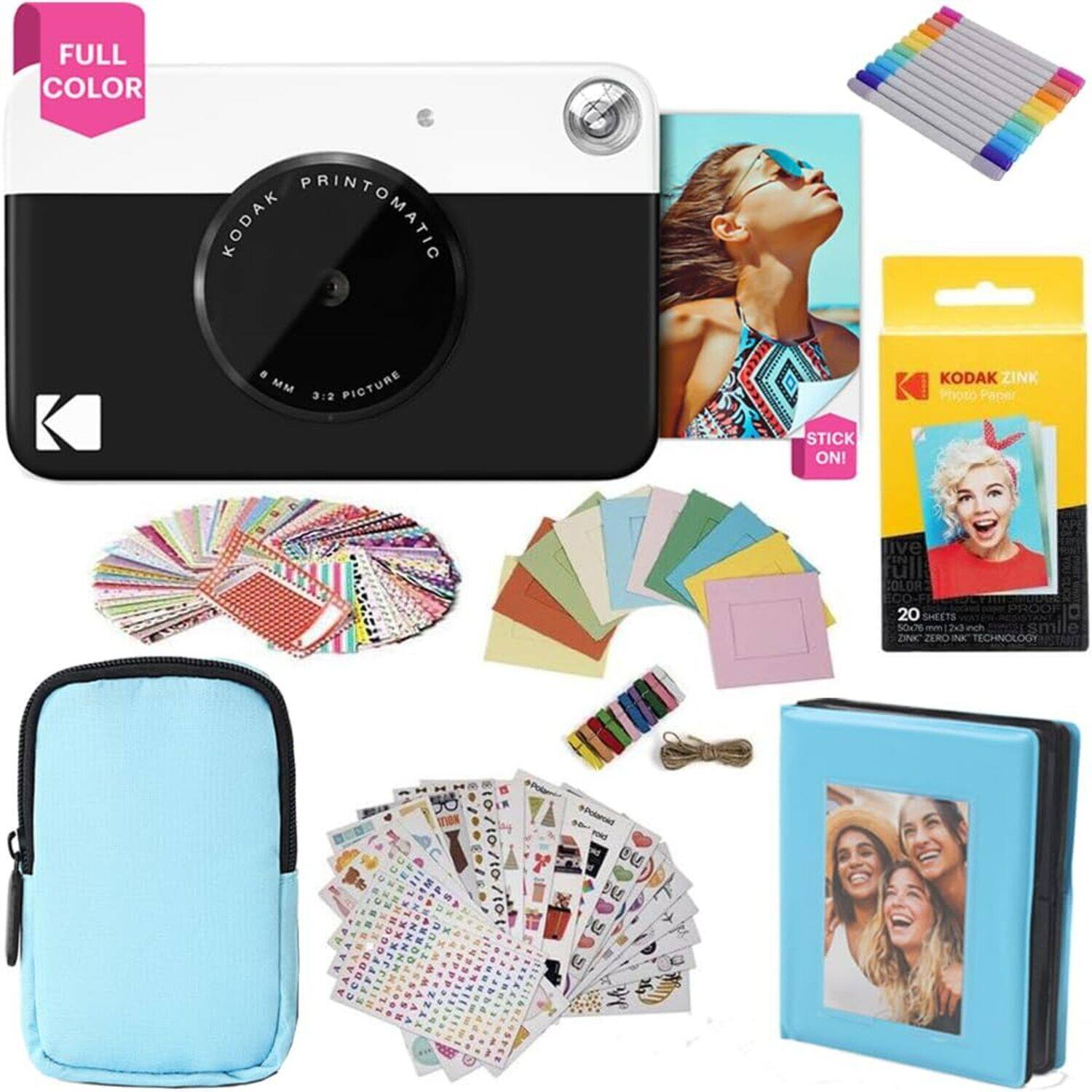 Kodak - Printomatic Full-Color Instant Print Camera Gift Bundle with Soft Case, Frames & More - Black
