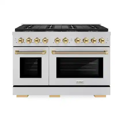 Front. ZLINE - ZLINE Autograph 48 in. 6.7 Cu. Ft. Freestanding Paramount DuoPro Gas Range in Stainless Steel with Gold Helix Handles - Stainless Steel.