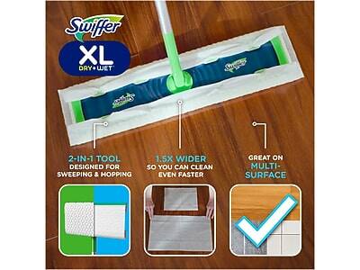 Swiffer XL Dry & Wet  
2-IN-1 TOOL DESIGNED FOR SWEEPING & MOPPING  
1.5X WIDER SO YOU CAN CLEAN EVEN FASTER  
GREAT ON MULTI-SURFACE