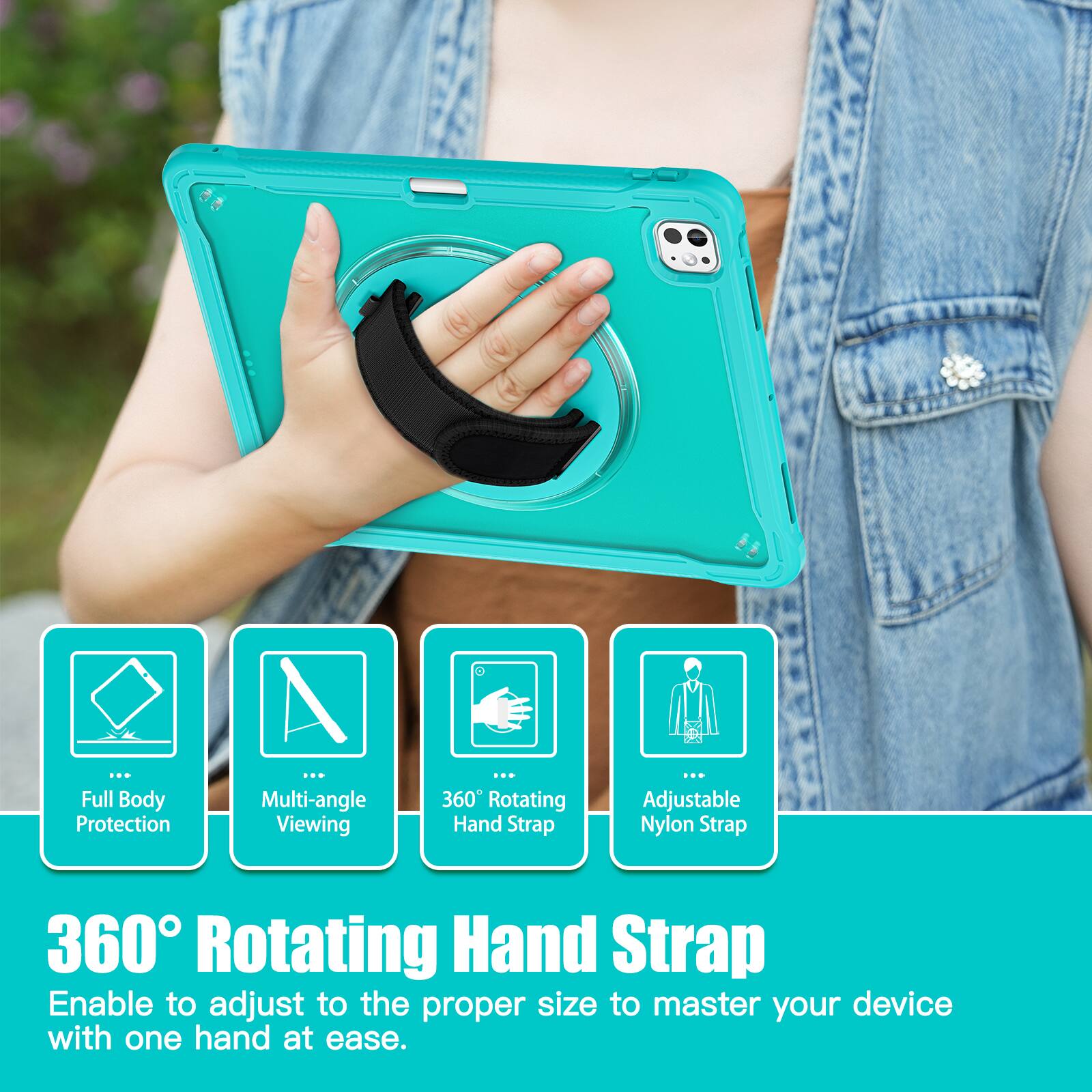 1. Full Body Protection
2. Multi-angle Viewing
3. 360° Rotating Hand Strap
4. Adjustable Nylon Strap

360° Rotating Hand Strap
Enable to adjust to the proper size to master your device with one hand at ease.