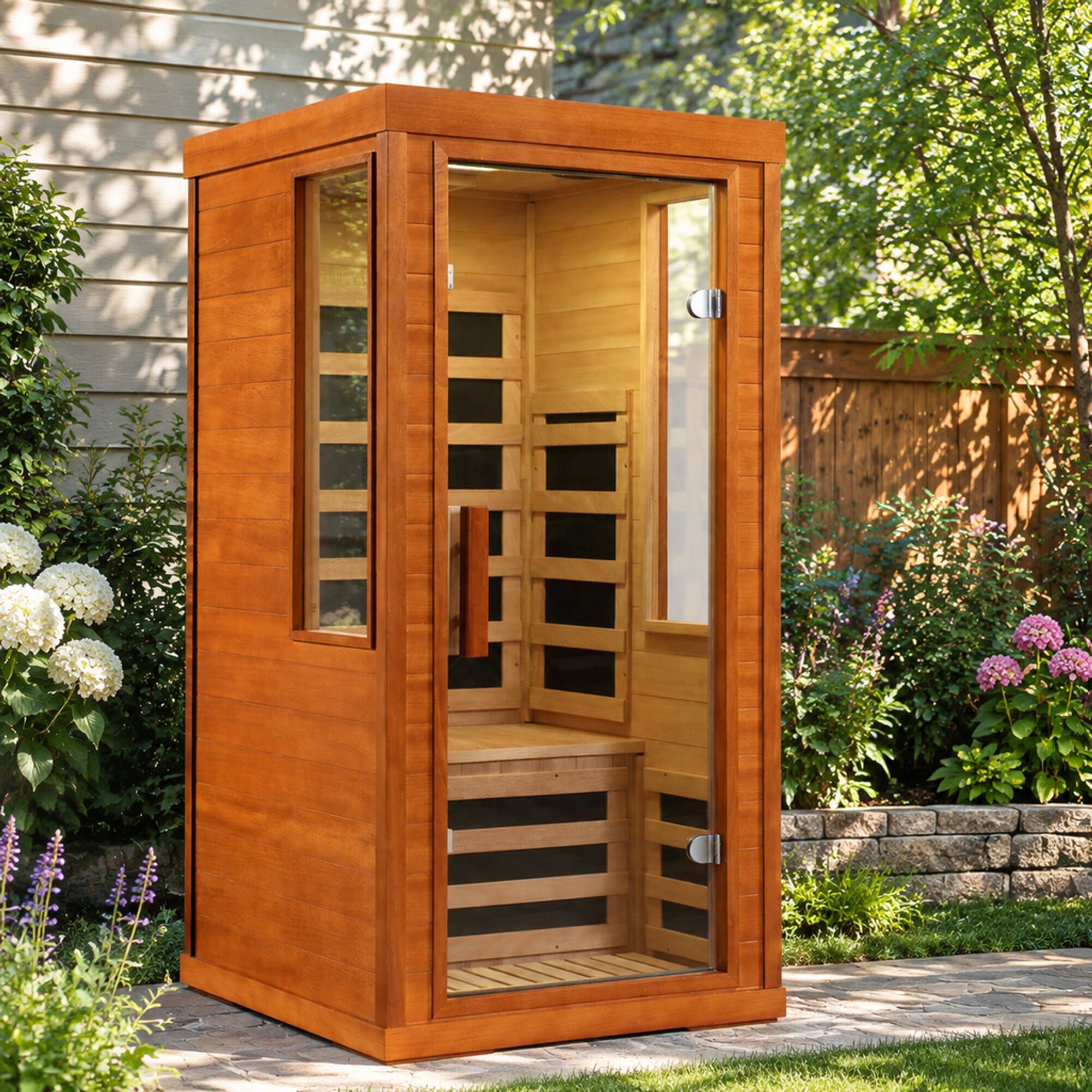Alt View 2. RYHNUYNE - One Person Far Infrared Sauna, Okoume Wood, 31.5 x 31.5 x 63.3 in, 7 Carbon Fiber Heaters, Bluetooth Audio - Natural.