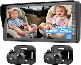 PRIMEPLUS - Cat Design Dual Baby Car Camera - 6.9" Split Screen HD Monitor with 2 Cameras, 1080P, Night Vision, Easy Setup