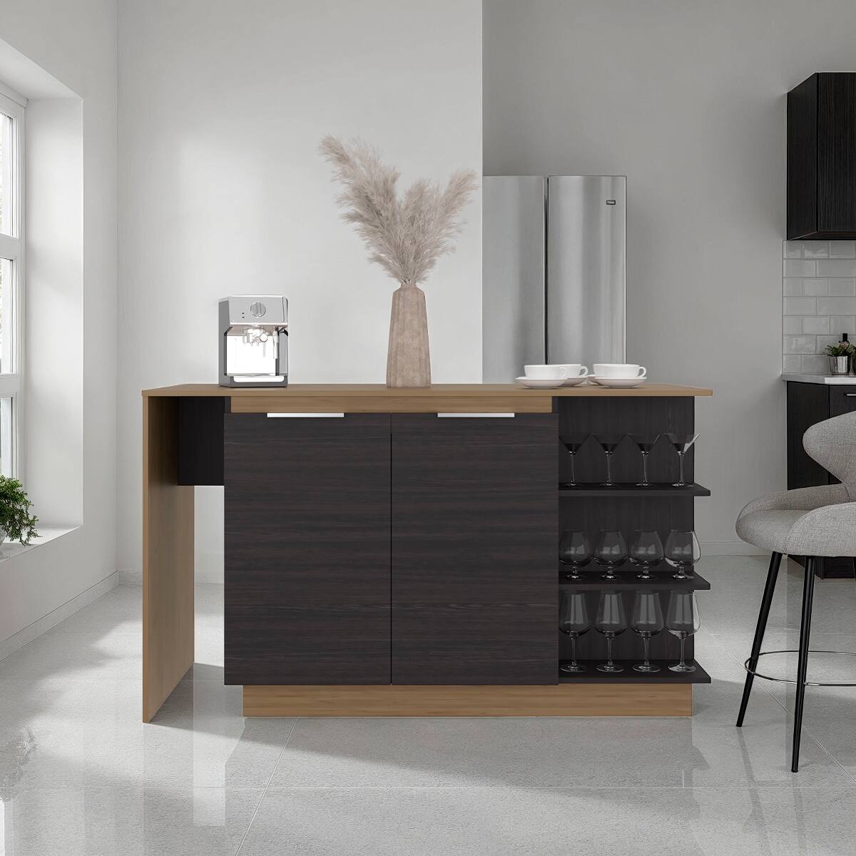 Alt View 3. Loheer - Loheer Modern Kitchen Island with Storage Cabinet Built-In Wine Glass Holder White and Light Oak - White, Light Oak.