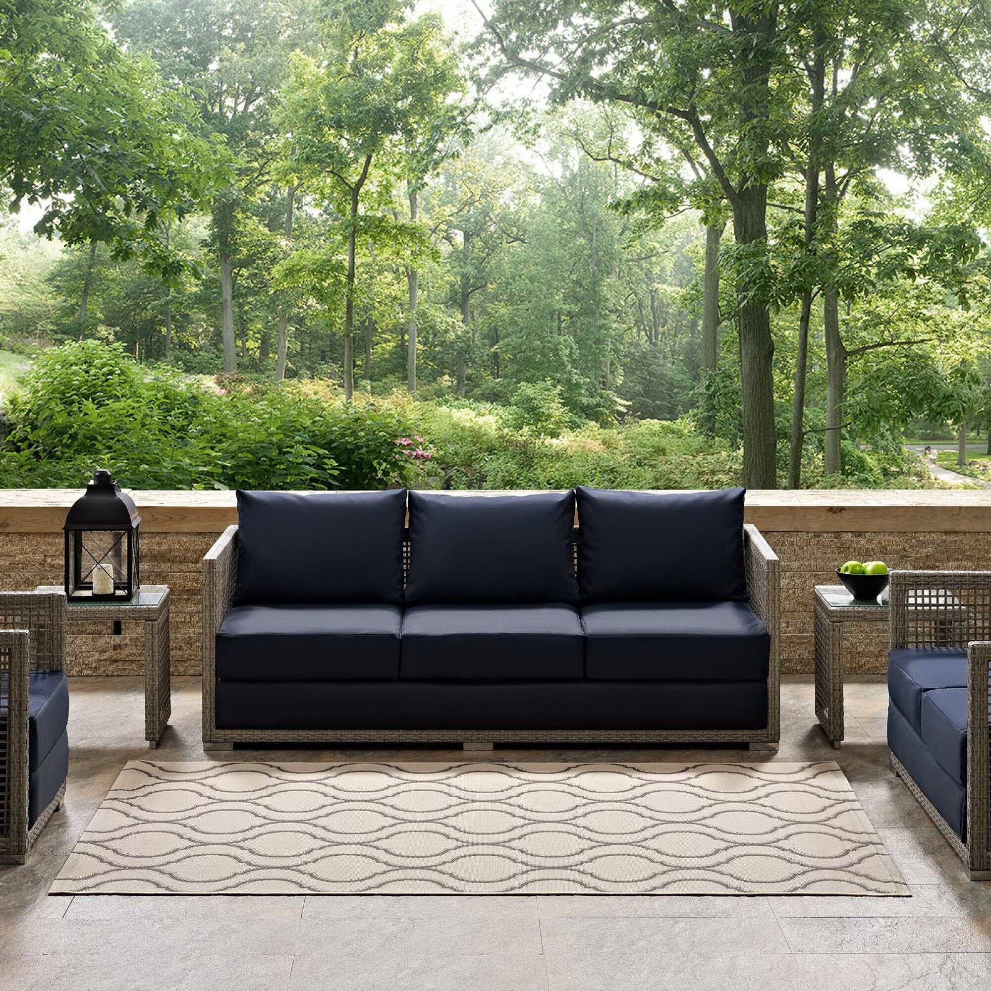 Left. Modway - Linza Wave Abstract Trellis Indoor and Outdoor Area Rug - Beige and Gray.