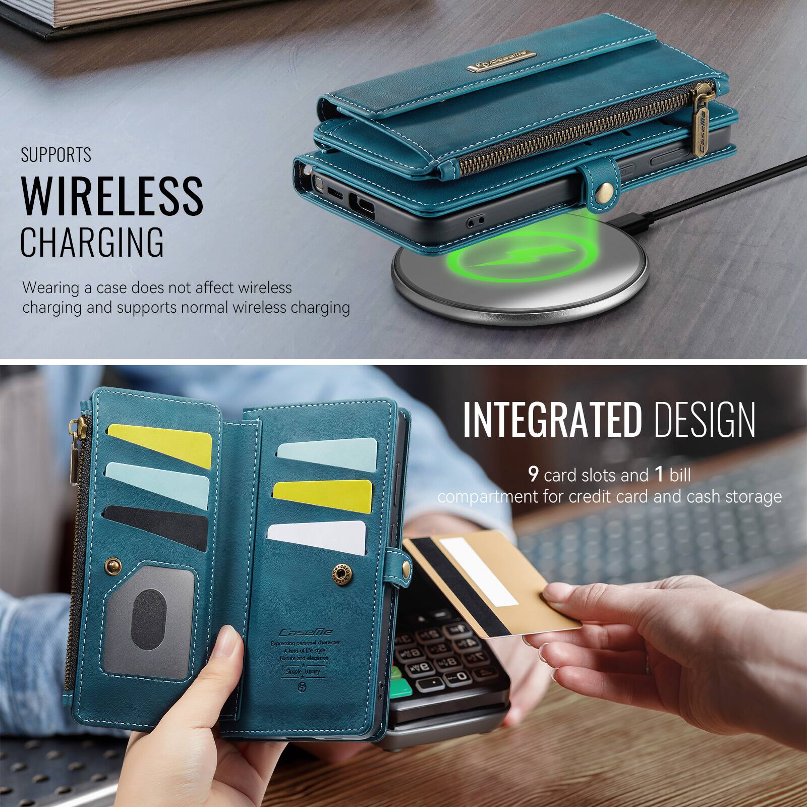 SUPPORTS WIRELESS CHARGING  
Wearing a case does not affect wireless charging and supports normal wireless charging  

INTEGRATED DESIGN  
9 card slots and 1 bill compartment for credit card and cash storage