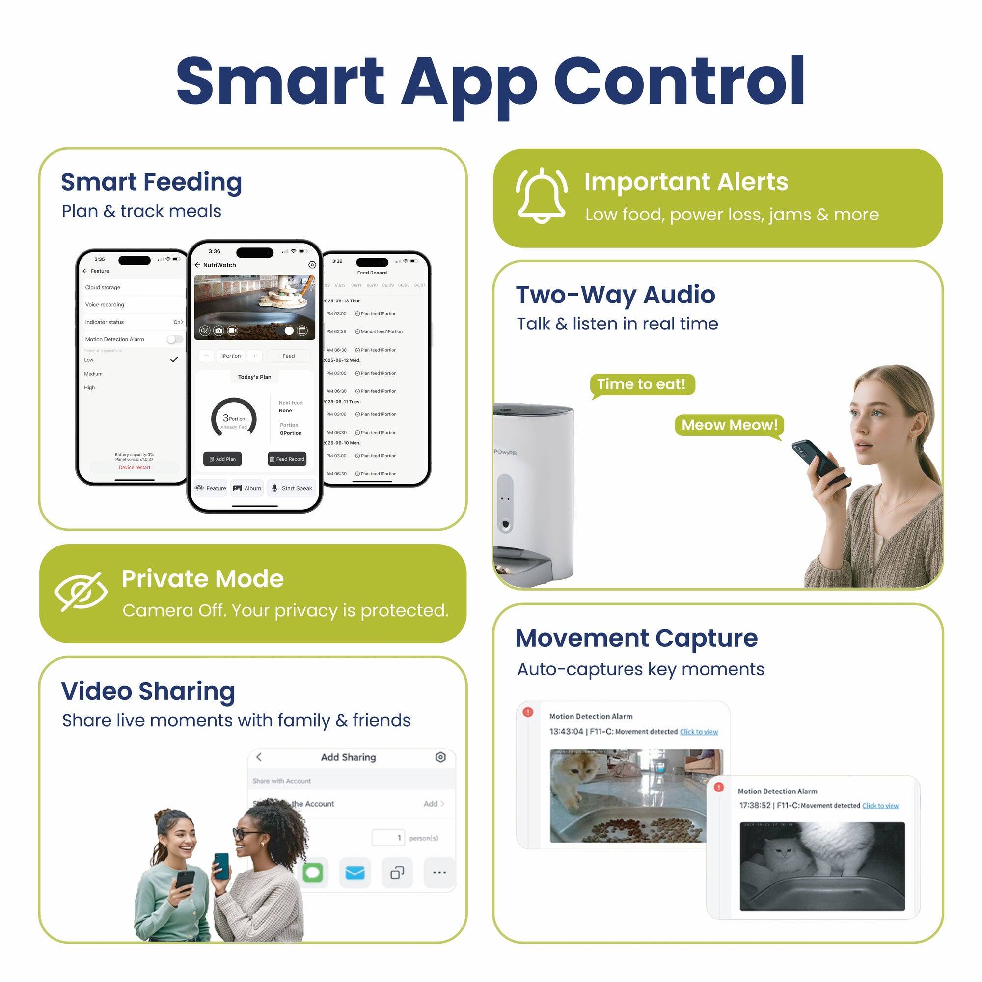 Smart App Control

Smart Feeding Plan & track meals

Important Alerts Low food, power loss, jams & more

Two-Way Audio Talk & listen in real time

Private Mode Camera Off. Your privacy is protected.

Video Sharing Share live moments with family & friends

Movement Capture Auto-captures key moments