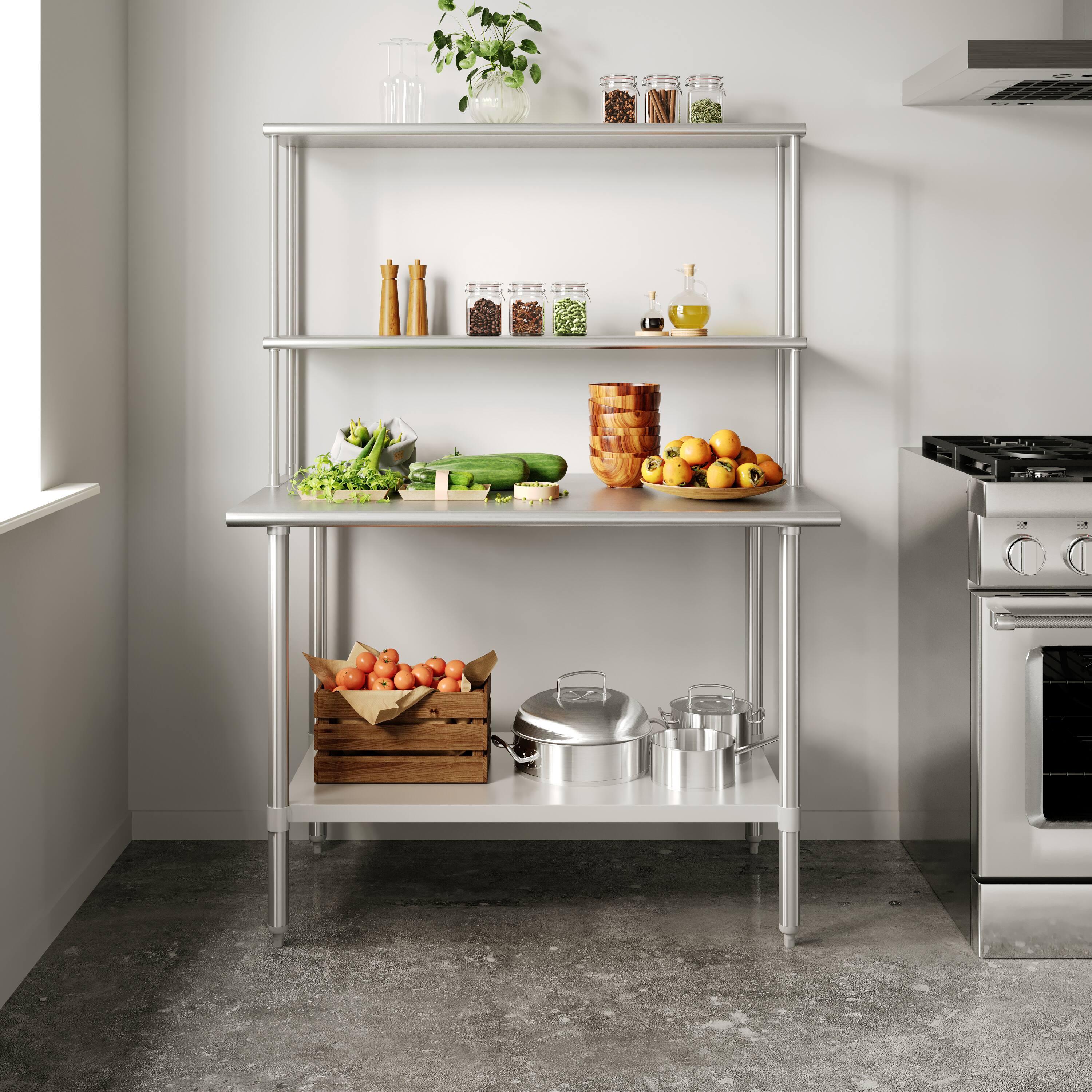 Alt View 1. Flash Furniture - Reese 30x48 Portable Prep and Work Table with NSF Certified 18 Gauge Stainless Steel Top Shelf and Double Overshelves an - Gray.