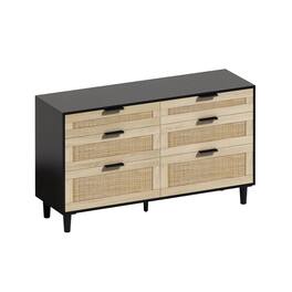 Spaco - 51" Rattan 6-Drawer Dresser, Metal Handle, Wood Legs Storage Cabinet for Bedroom, Living Room, Hallway - Black