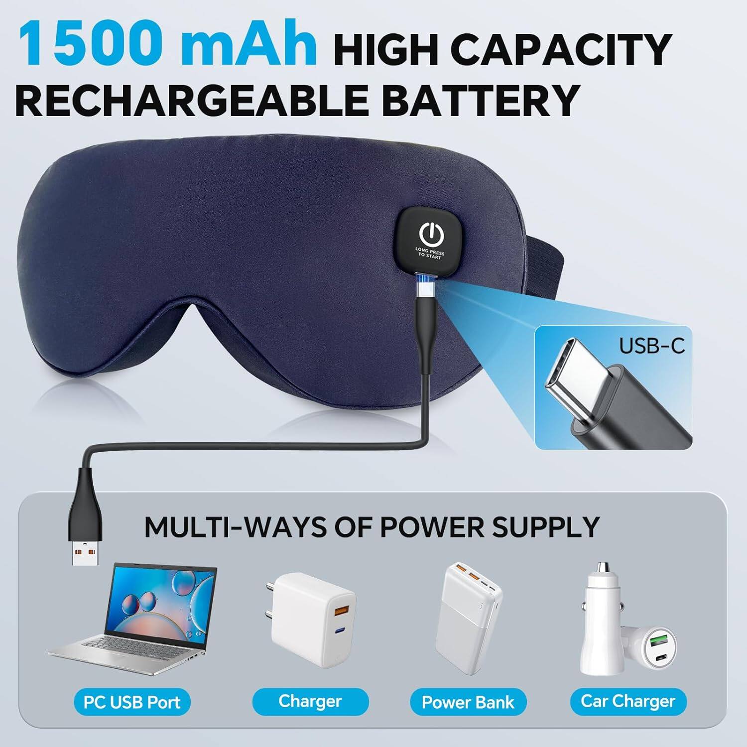 1500 mAh HIGH CAPACITY RECHARGEABLE BATTERY

MULTI-WAYS OF POWER SUPPLY

- PC USB Port
- Charger
- Power Bank
- Car Charger

USB-C