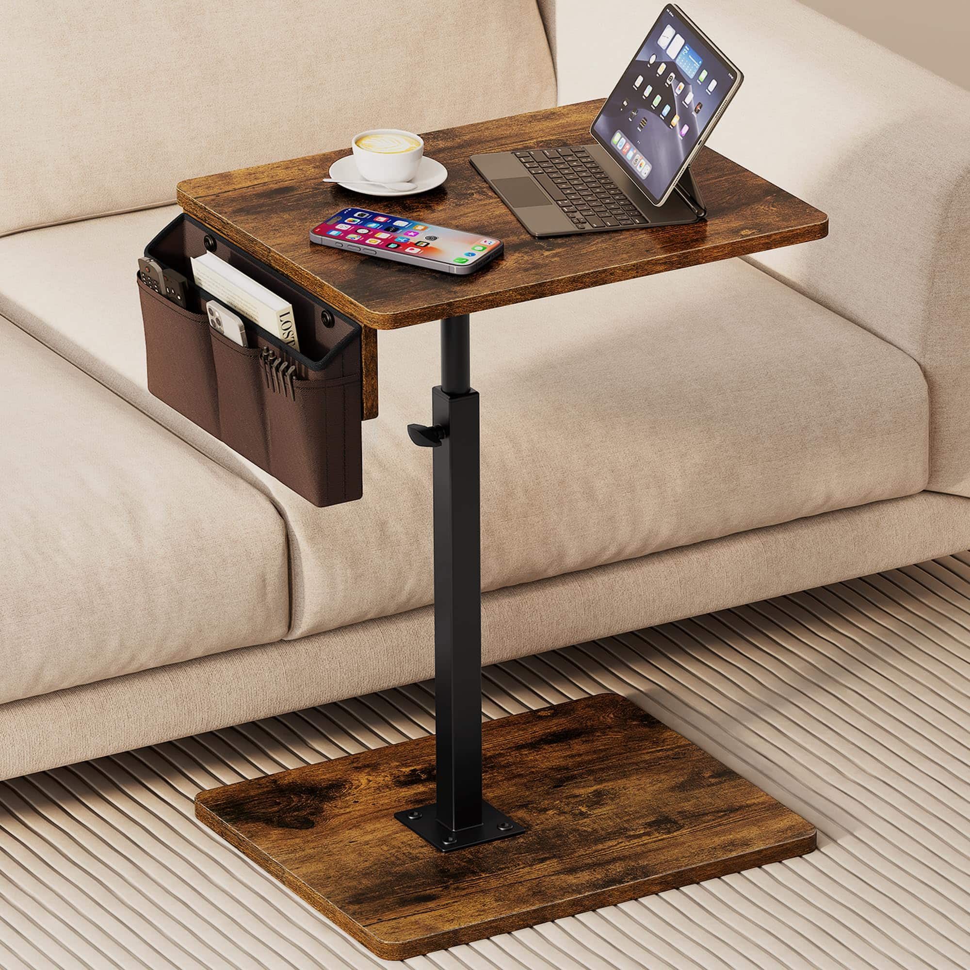 Fabibe - Sofa Armrest Tray Table For Couch 360° Swivel Height Adjustable Tv Small Spaces Snack Side Bed Chair C Shaped - Rustic Brown With Storage Bag