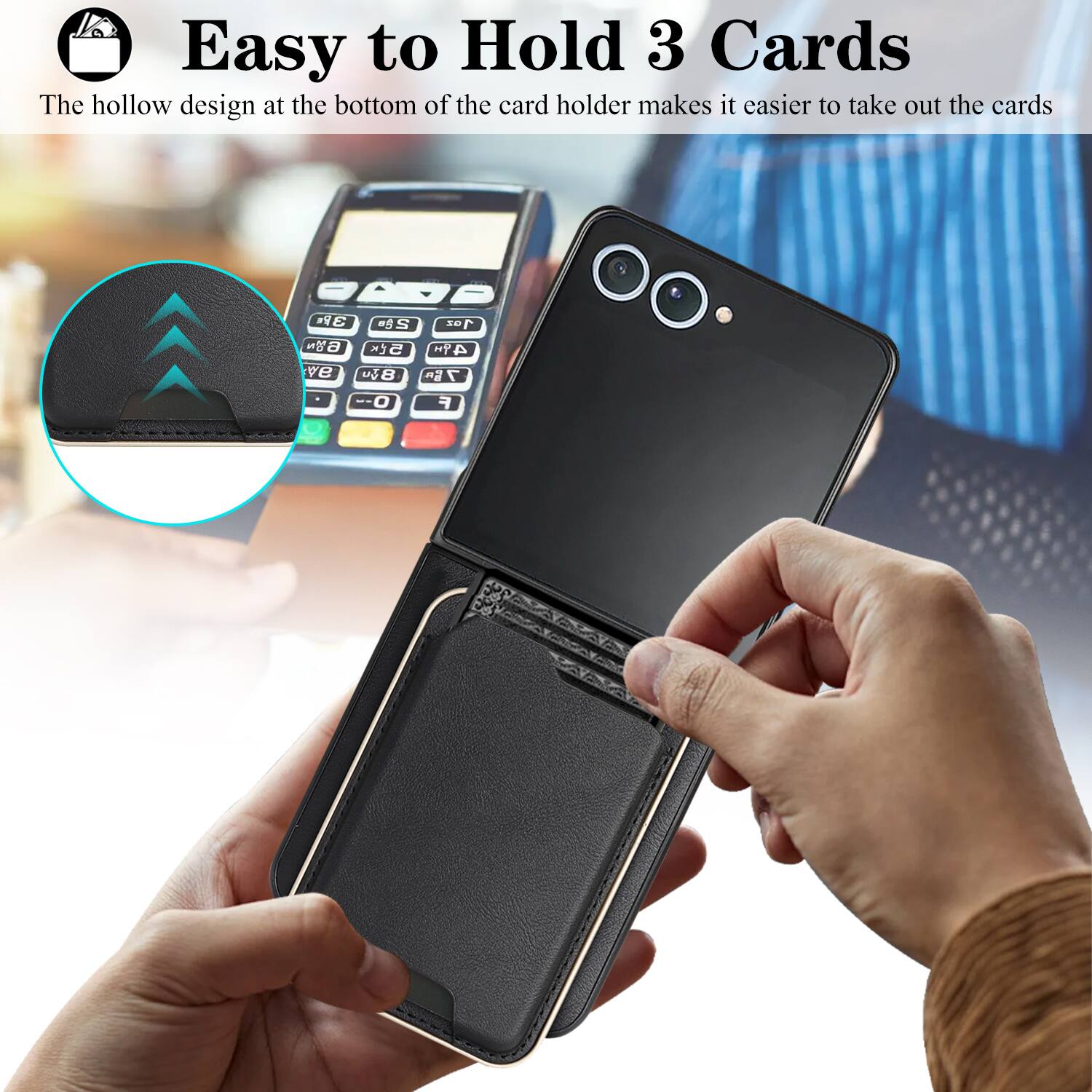 Easy to Hold 3 Cards

The hollow design at the bottom of the card holder makes it easier to take out the cards