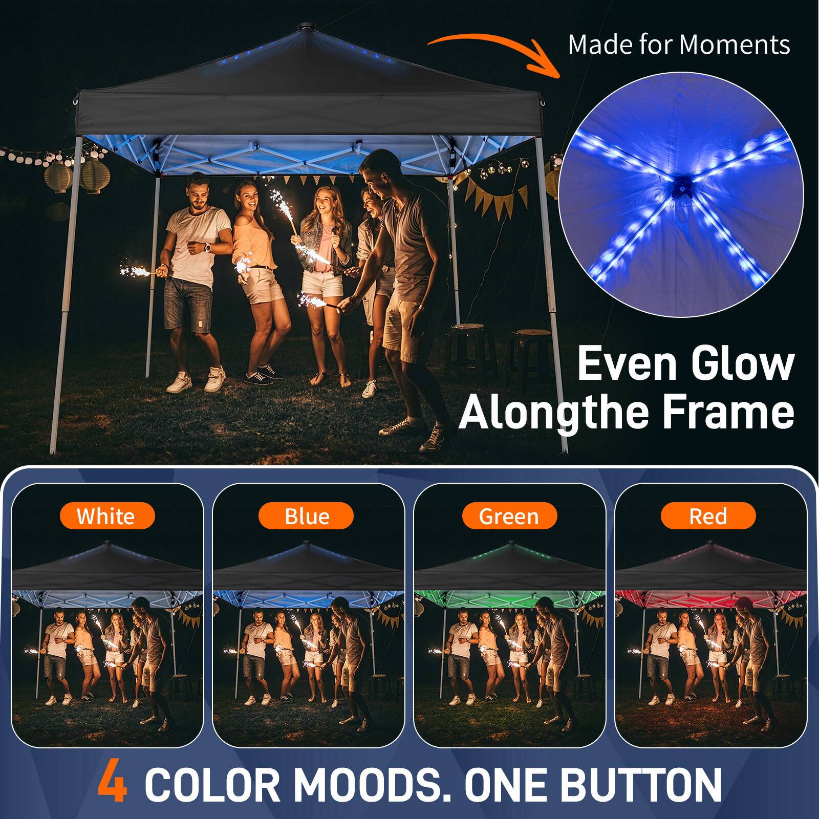 Made for Moments

Even Glow Along the Frame

4 COLOR MOODS. ONE BUTTON

White  
Blue  
Green  
Red