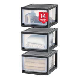 IRIS USA - 3 Pack 14.5 Qt Plastic Drawer Storage Organizer, Stackable Unit - Black