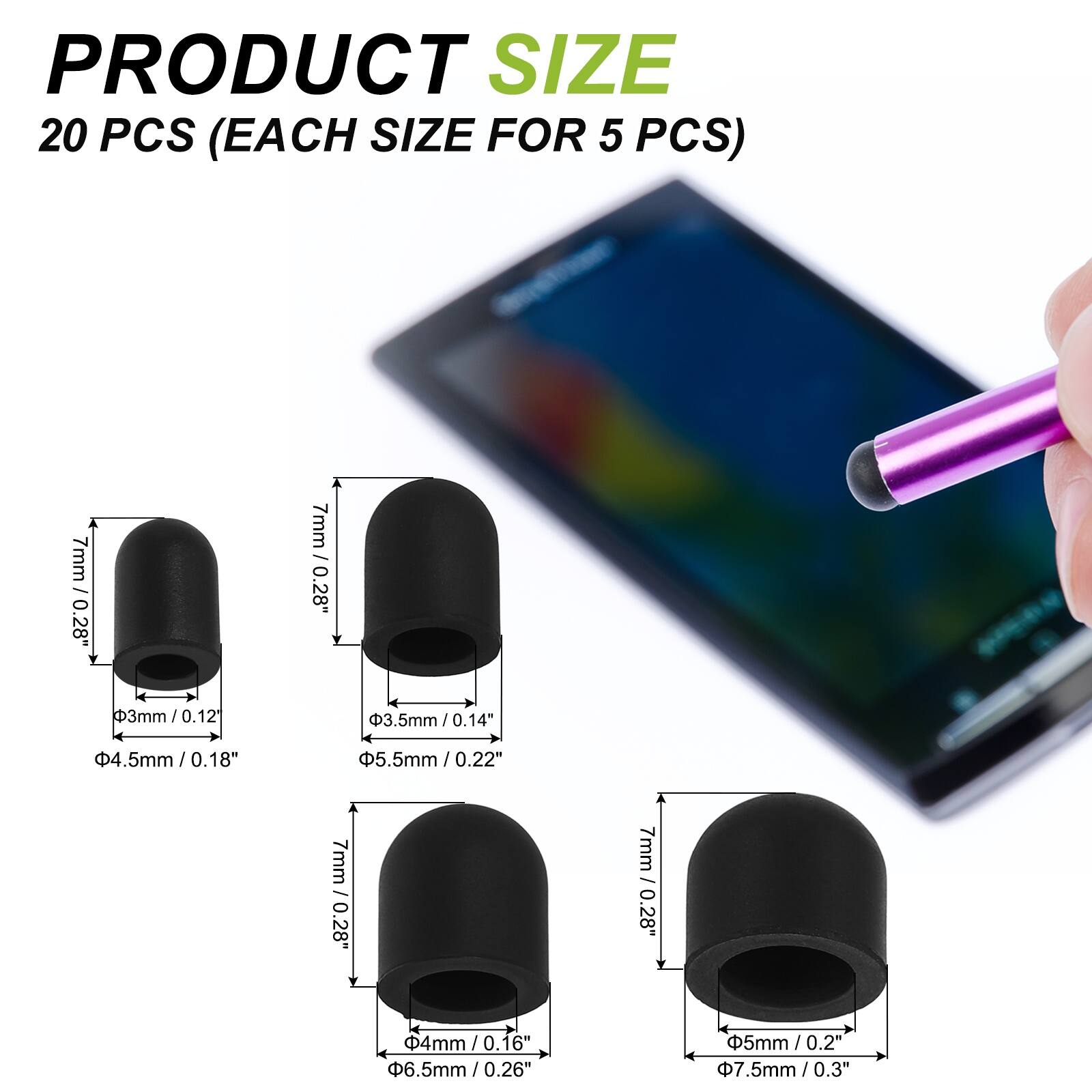 PRODUCT SIZE  
20 PCS (EACH SIZE FOR 5 PCS)  

- 3mm / 0.12"  
- 3.5mm / 0.14"  
- 4.5mm / 0.18"  
- 5.5mm / 0.22"  
- 7mm / 0.28"  
- 4mm / 0.16"  
- 5mm / 0.2"  
- 6.5mm / 0.26"  
- 7.5mm / 0.3"