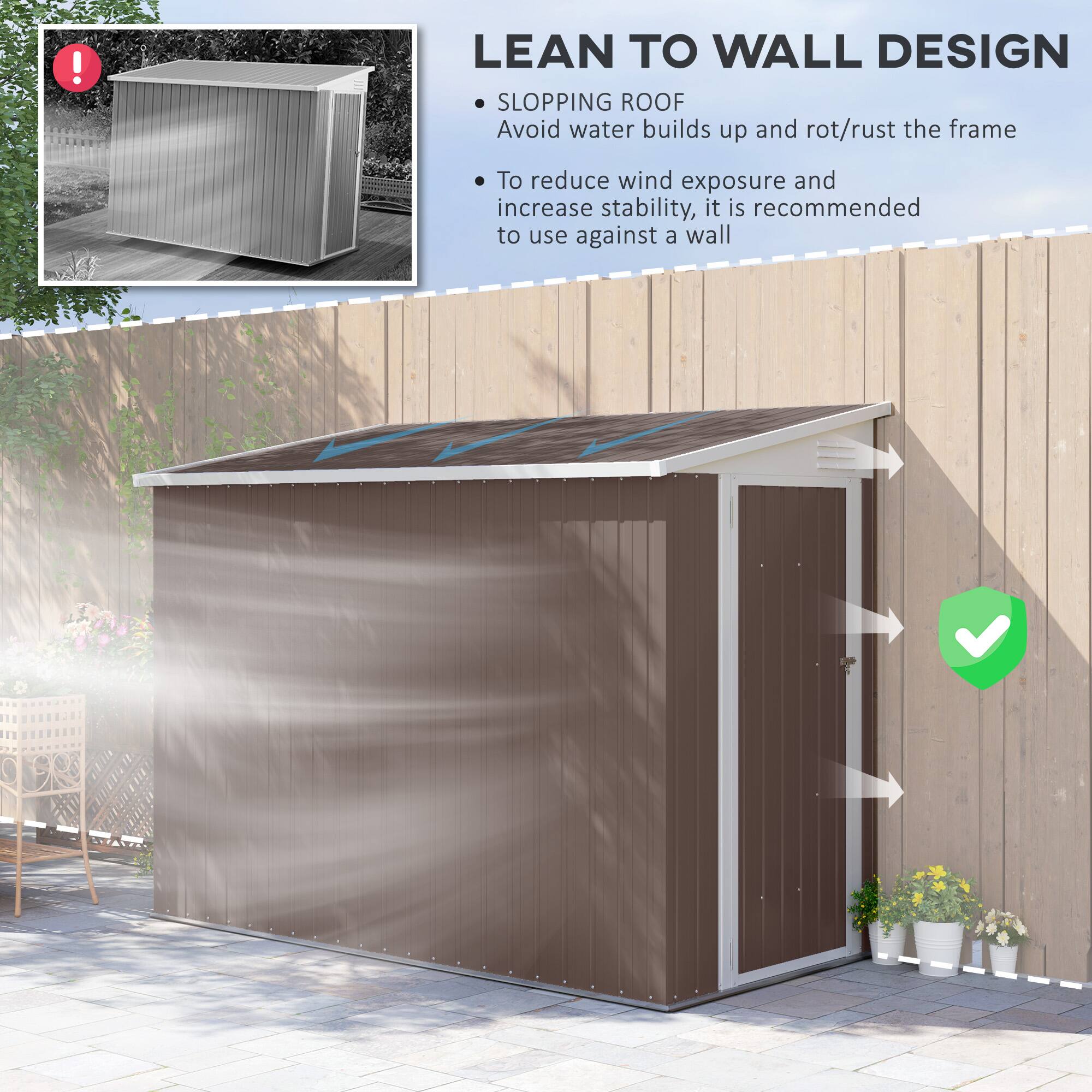LEAN TO WALL DESIGN
SLOPPING ROOF
Avoid water builds up and rot/rust the frame
To reduce wind exposure and increase stability, it is recommended to use against a wall
