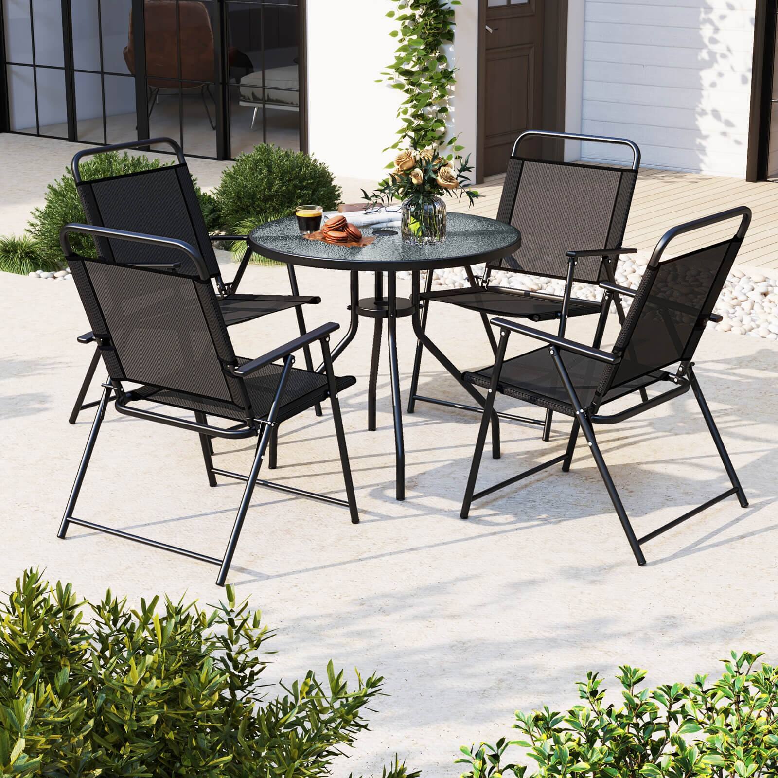 Alt View 1. Costway - Costway 6 PCS Patio Dining Set Folding Chairs Glass Table Umbrella Garden - Black,Grey.