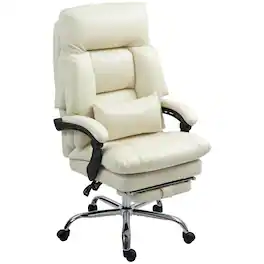 Homcom - Office Chair, High Back Desk Chair with Foot Rest, Reclining PU Leather Computer Chair - Cream White