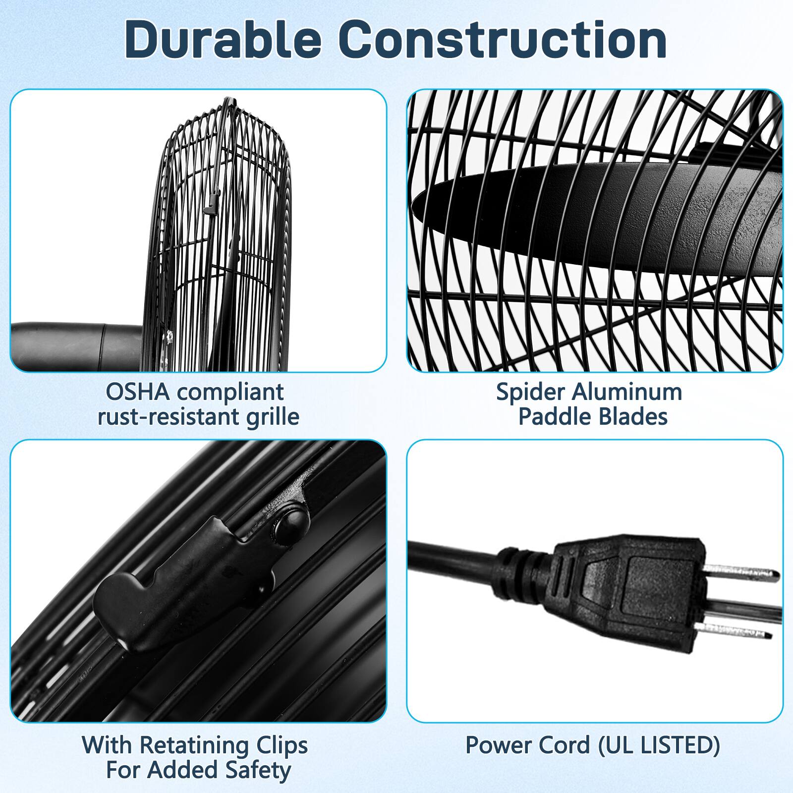 Durable Construction  
OSHA compliant rust-resistant grille  
Spider Aluminum Paddle Blades  
With Retaining Clips For Added Safety  
Power Cord (UL LISTED)