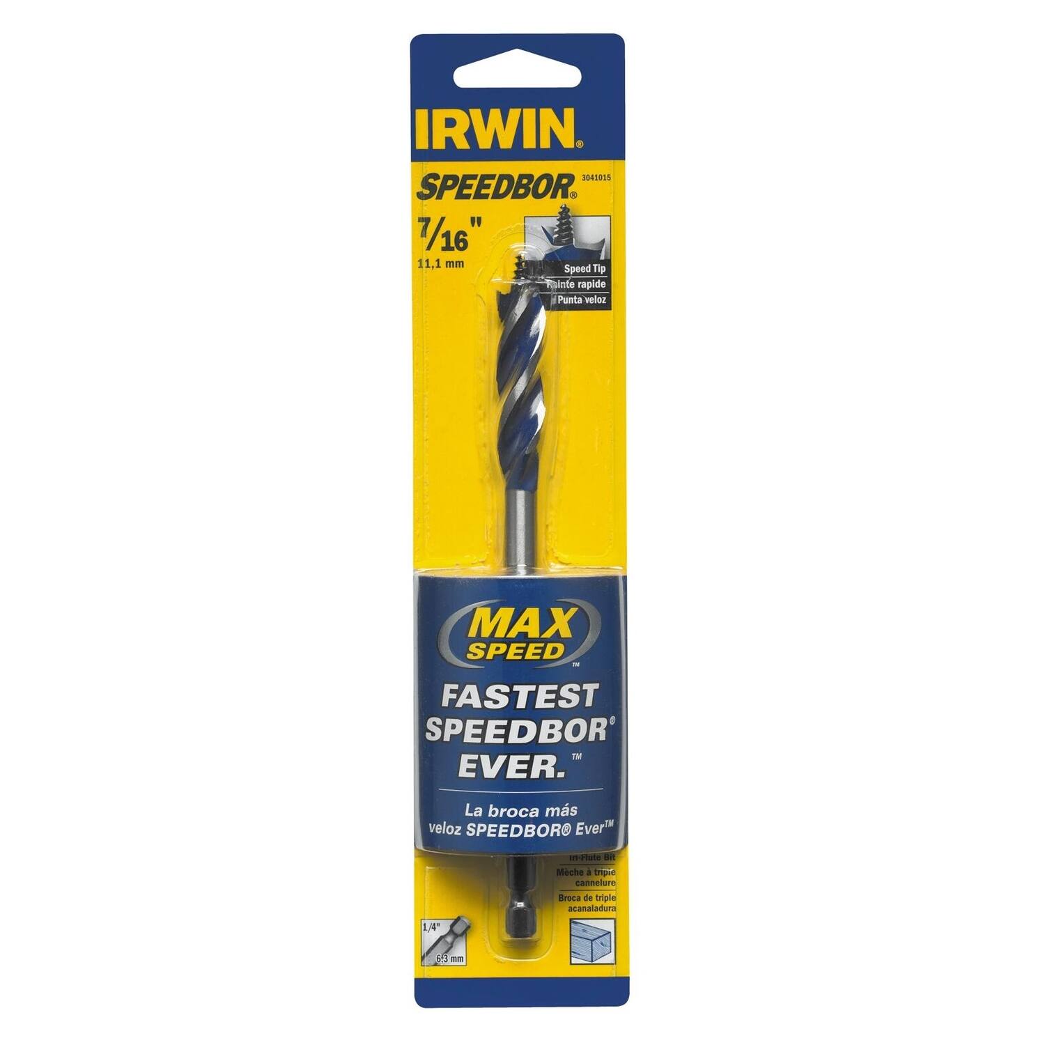 IRWIN SPEEDBOR  
7/16" 11.1 mm  
Speed Tip  
Punta veloz  
MAX SPEED FASTEST SPEEDBOR™ EVER  
La broca más veloz SPEEDBOR Ever  
Broca de triple acanaladura 1/4" 5
