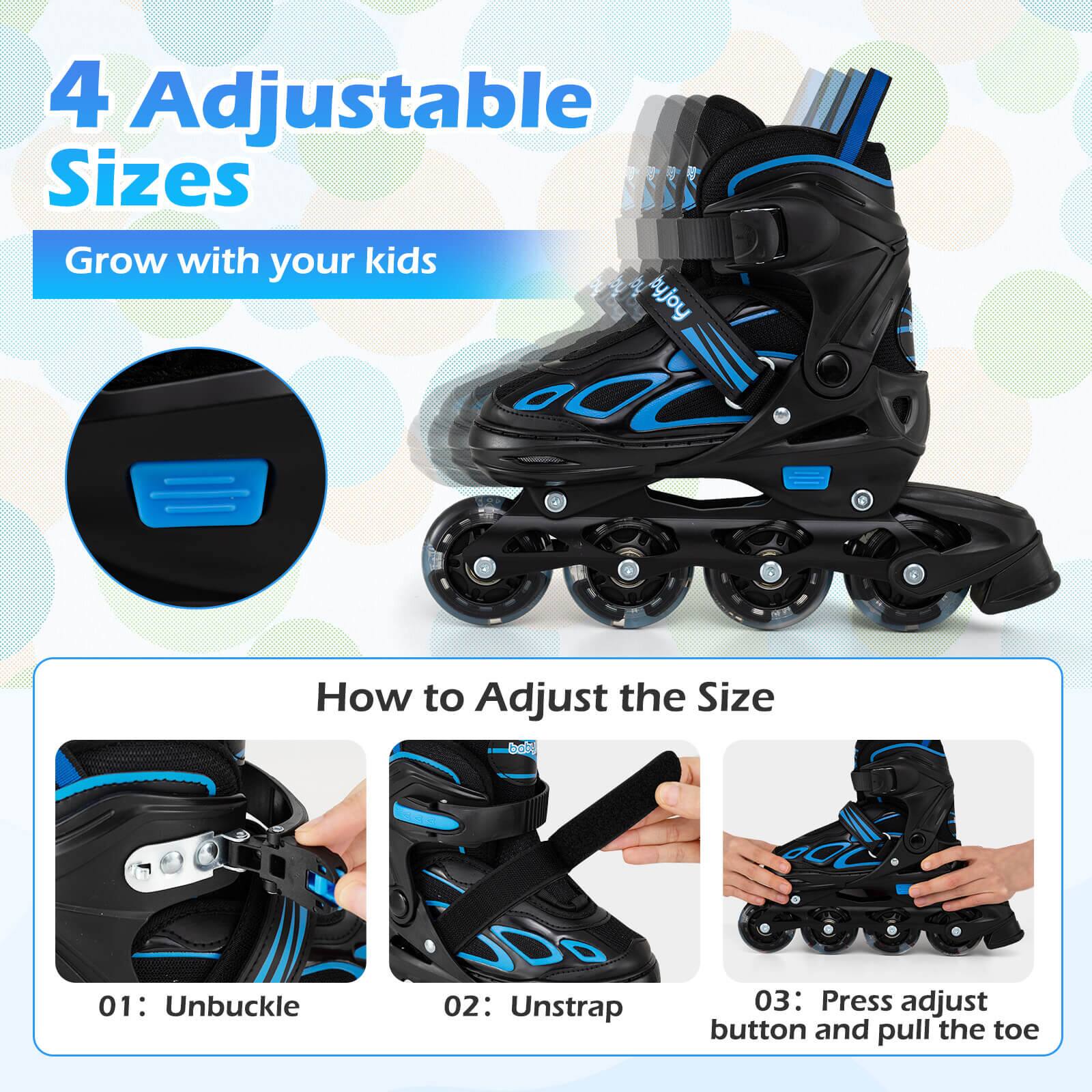 4 Adjustable Sizes  
Grow with your kids  

How to Adjust the Size  
01: Unbuckle  
02: Unstrap  
03: Press adjust button and pull the toe