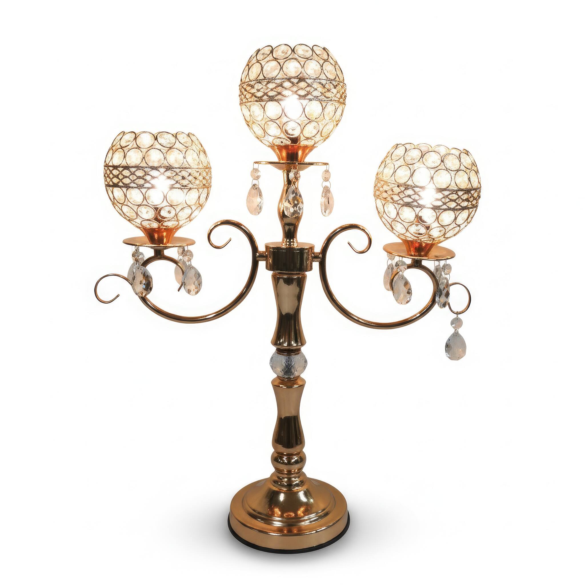 Angle. FC Design - 23"H Polished Gold Ornamental Stem w/ Triple Faux Crystal Mesh Globes Touch Lamp.