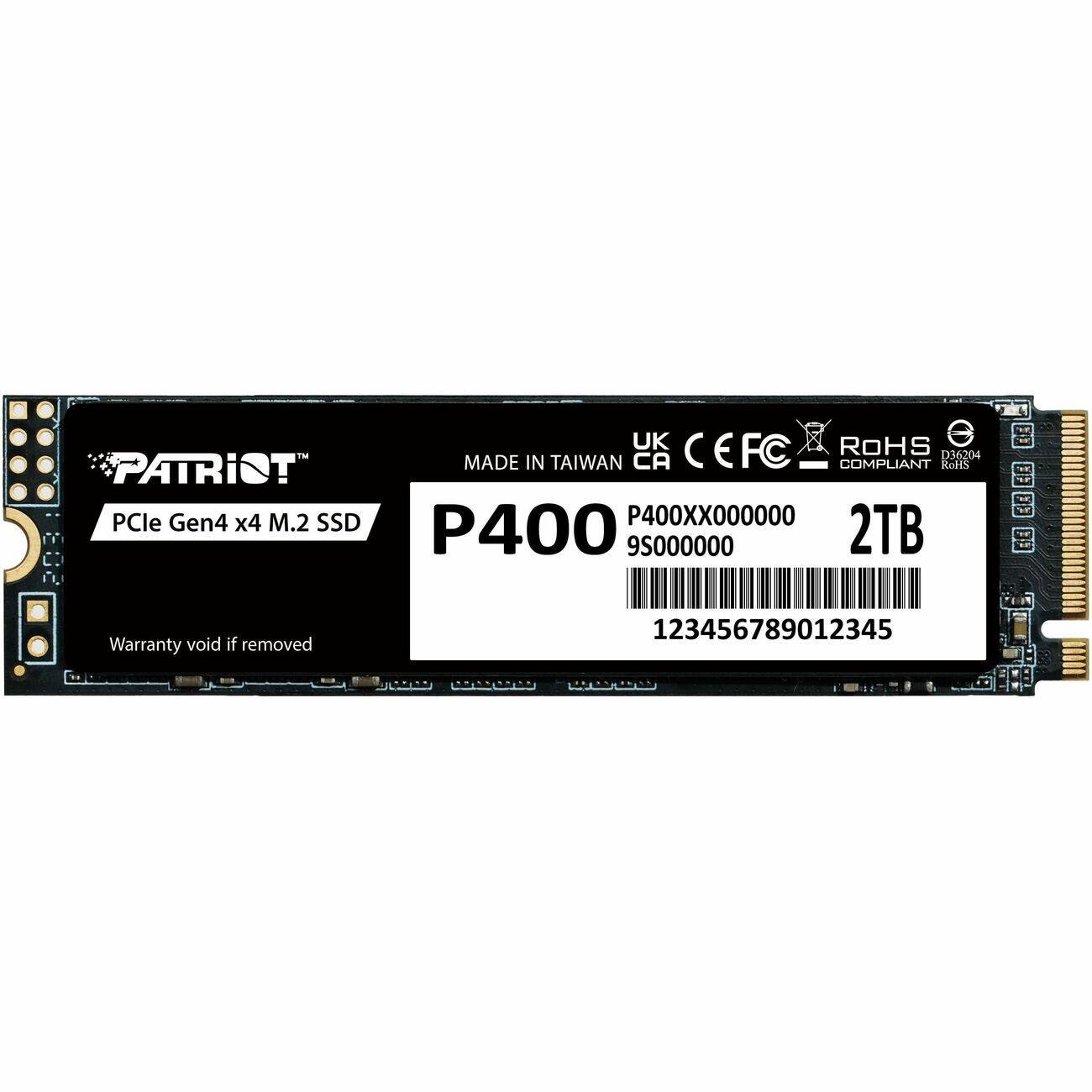 PATRIOT PCIe Gen4 x4 M.2 SSD  
MADE IN TAIWAN  
UK CA CE FC ROHS COMPLIANT  
P400XX000000 95000000  
2TB  
Warranty void if removed  
123456789012345