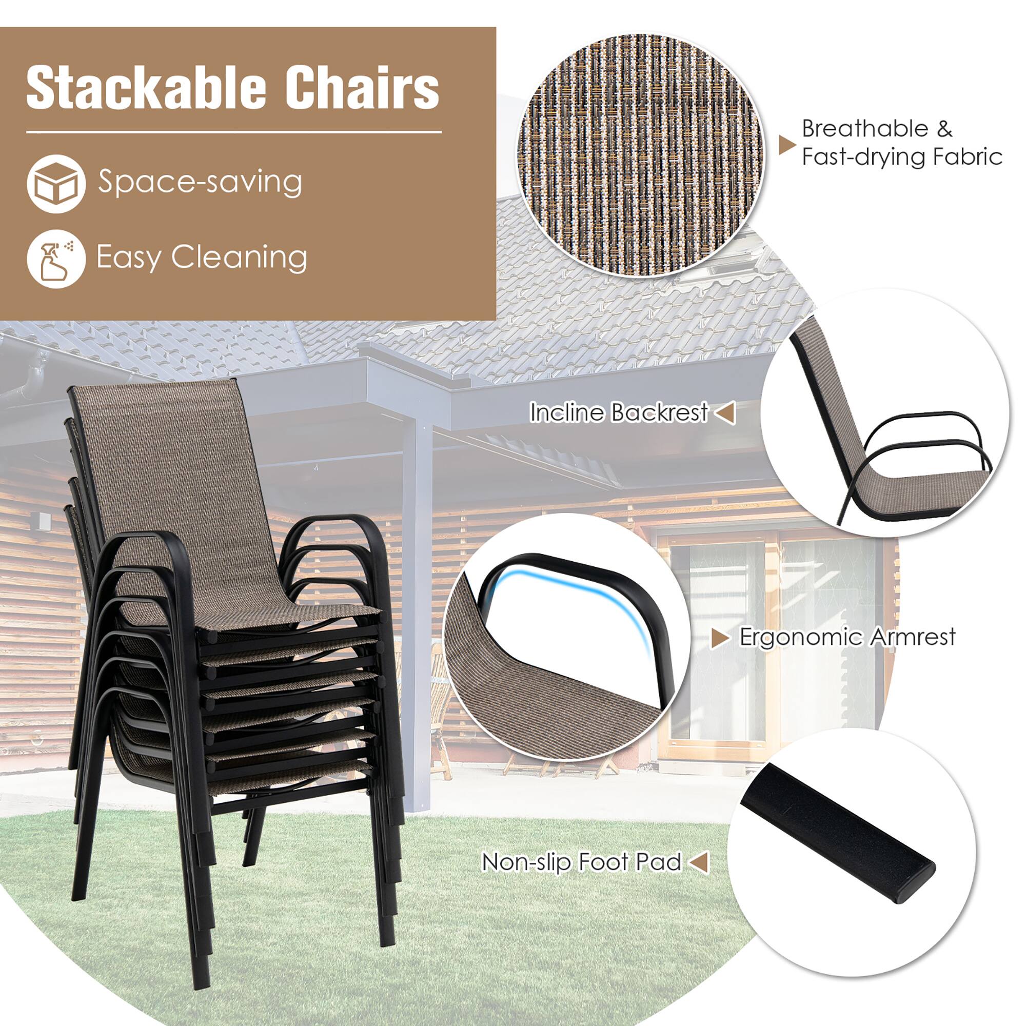Stackable Chairs

- Space-saving
- Easy Cleaning
- Breathable & Fast-drying Fabric
- Incline Backrest
- Ergonomic Armrest
- Non-slip Foot Pad