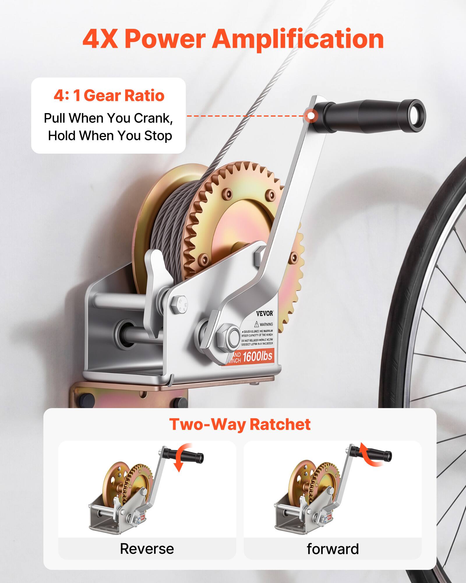 4X Power Amplification

4:1 Gear Ratio
Pull When You Crank, Hold When You Stop

VEVOR WARNING
1600lbs

Two-Way Ratchet
Reverse
forward
