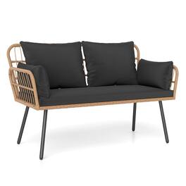 Costway - Patio Wicker Loveseat Furniture with Seat Back Cushions, Heavy-Duty Metal Legs - Black